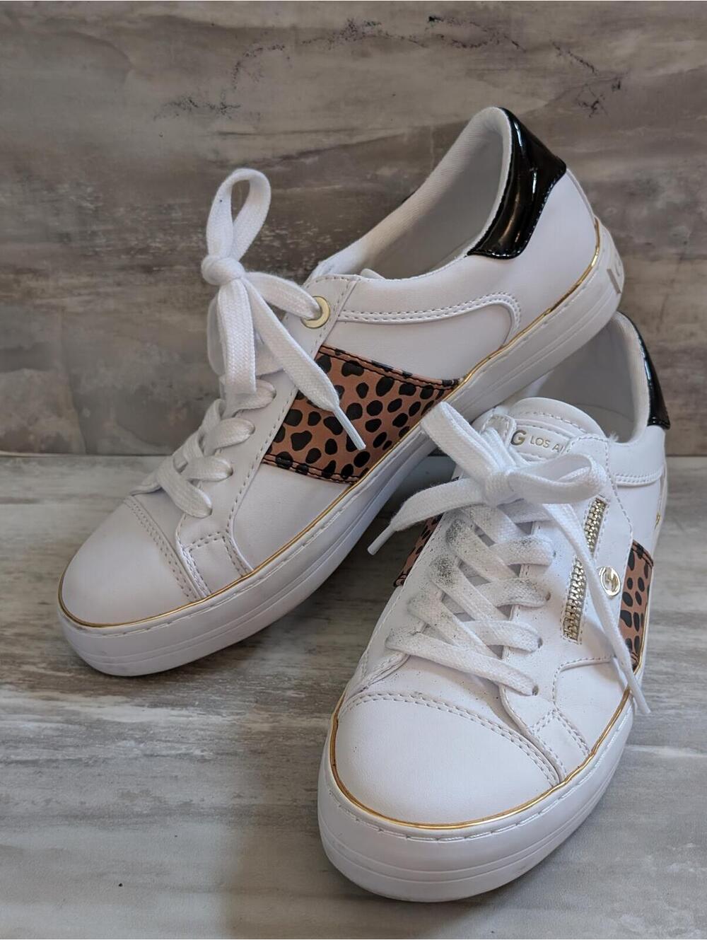 G by Guess White Sneakers with Leopard Print Accent Sz 7.5